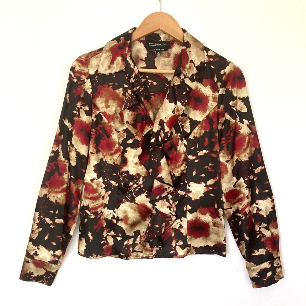 Jones New York Stretch Blouse Multicolor Floral Ruffle Button Down 8P